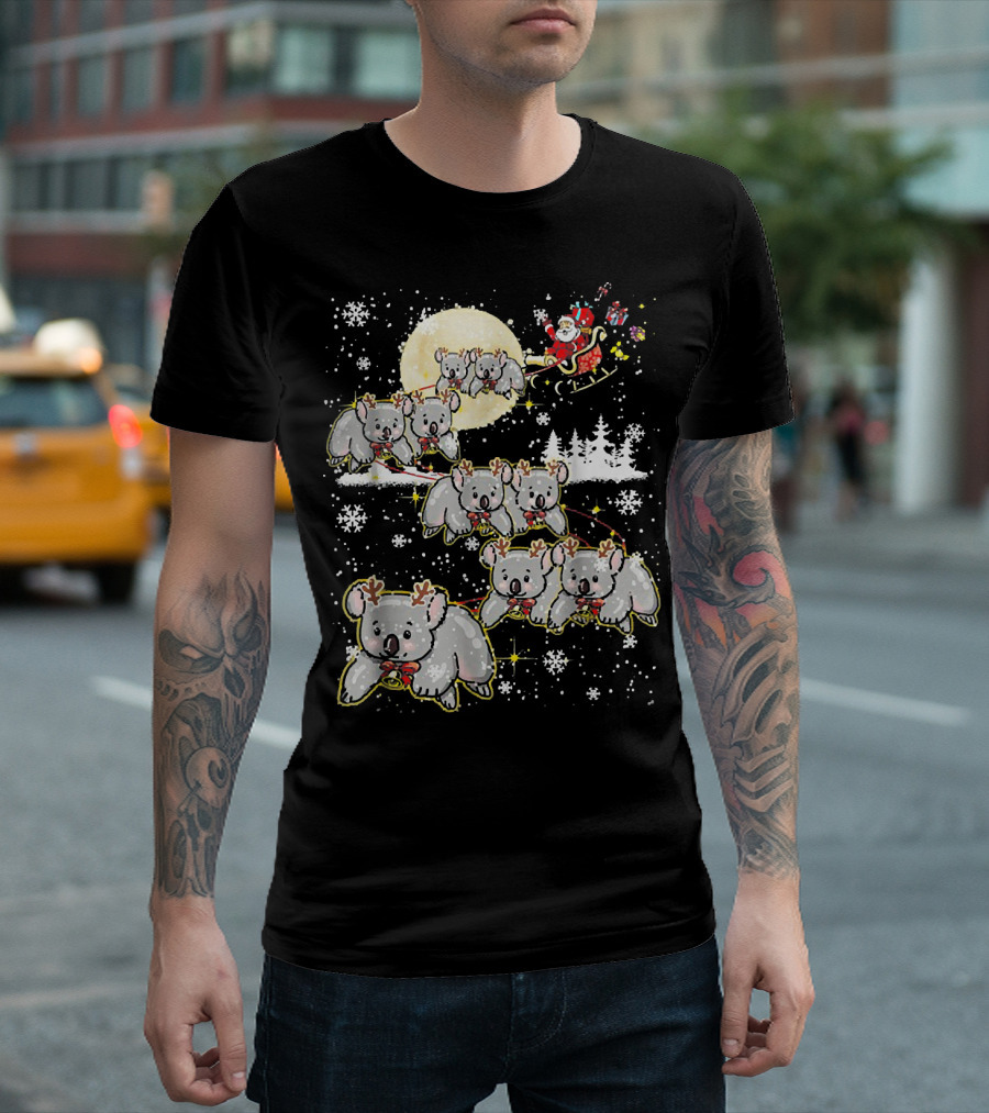 Santa Sleigh with Reindeer Koalas Christmas Moon Snowflakes T-Shirt