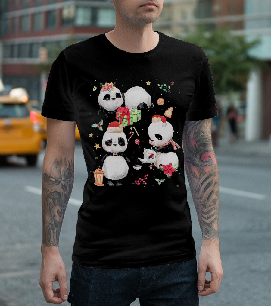 Merry Christmas Cute Panda Lover With Festive Holiday Decorations T-Shirt