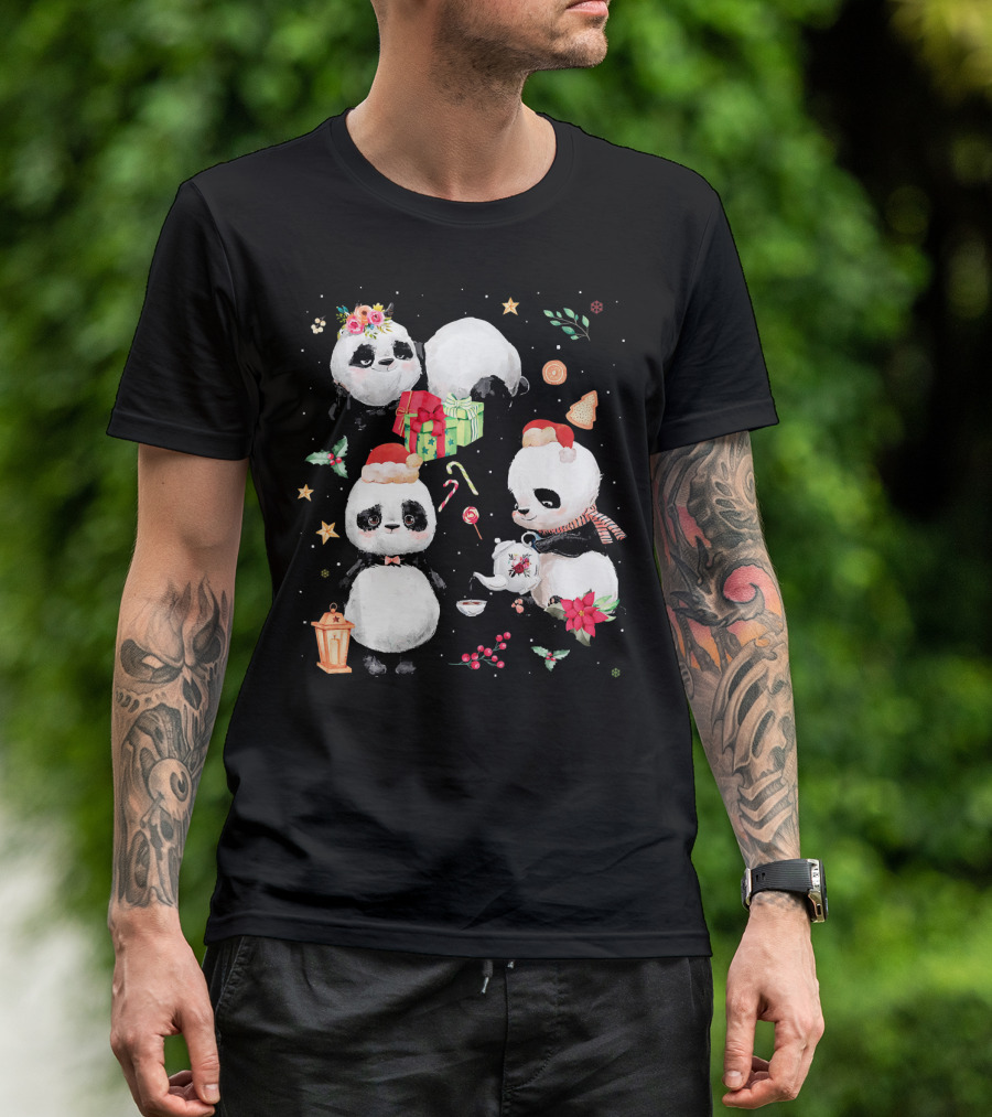 Merry Christmas Cute Panda Lover With Festive Holiday Decorations T-Shirt