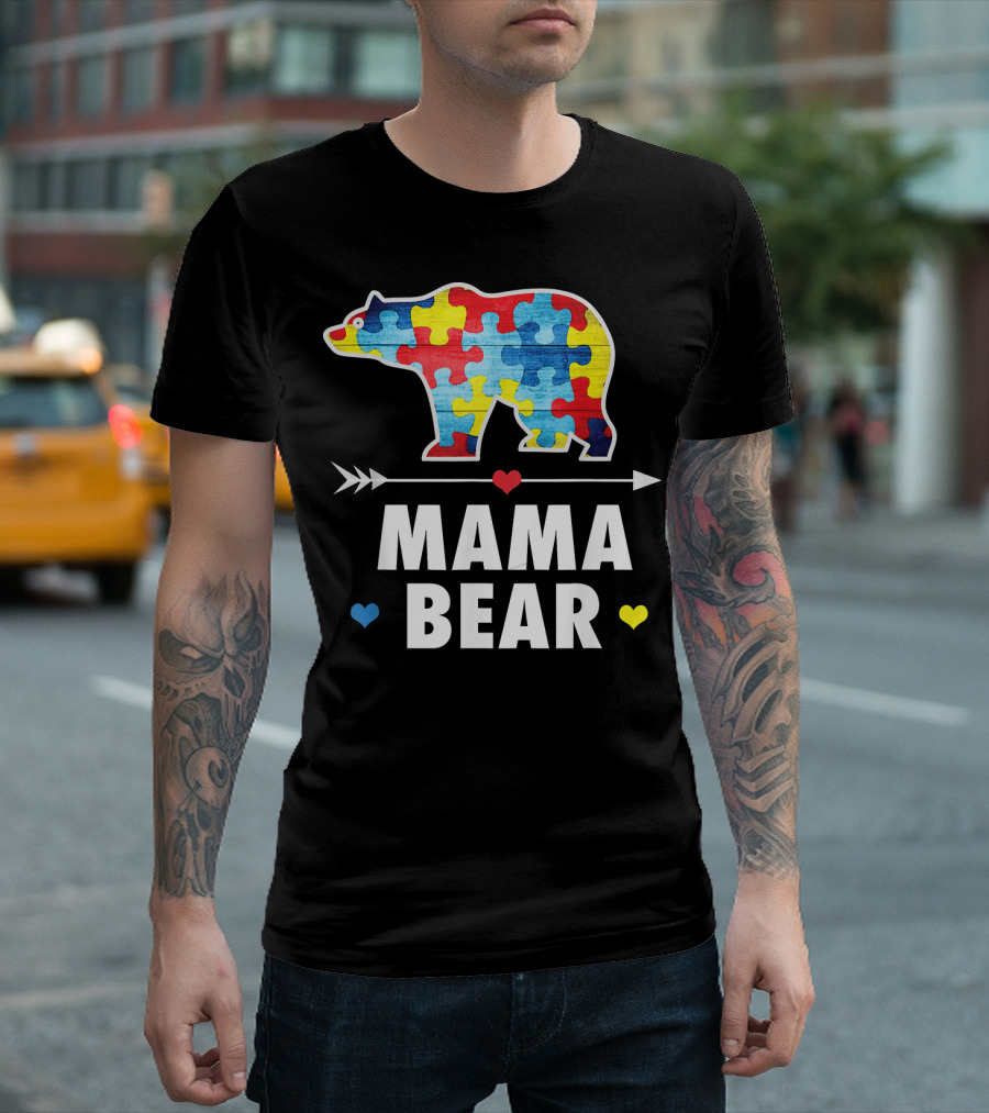Mama Bear Autism Awareness Puzzle Bear with Hearts T-Shirt