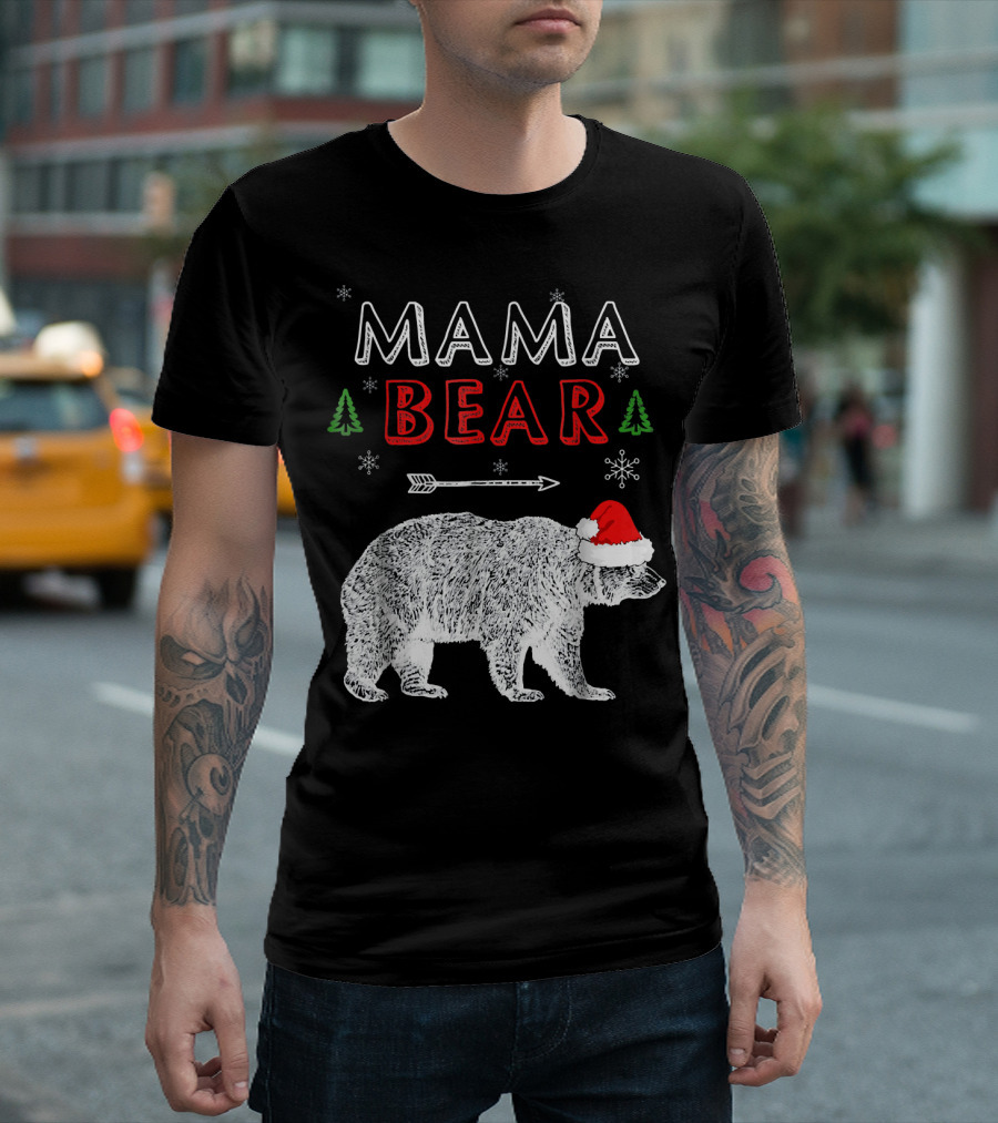 Mama Bear Santa Hat Christmas Snowflakes Trees T-Shirt