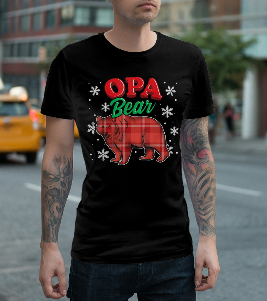 Opa Bear Buffalo Plaid Red Checkered Bear With Snowflakes T-Shirt
