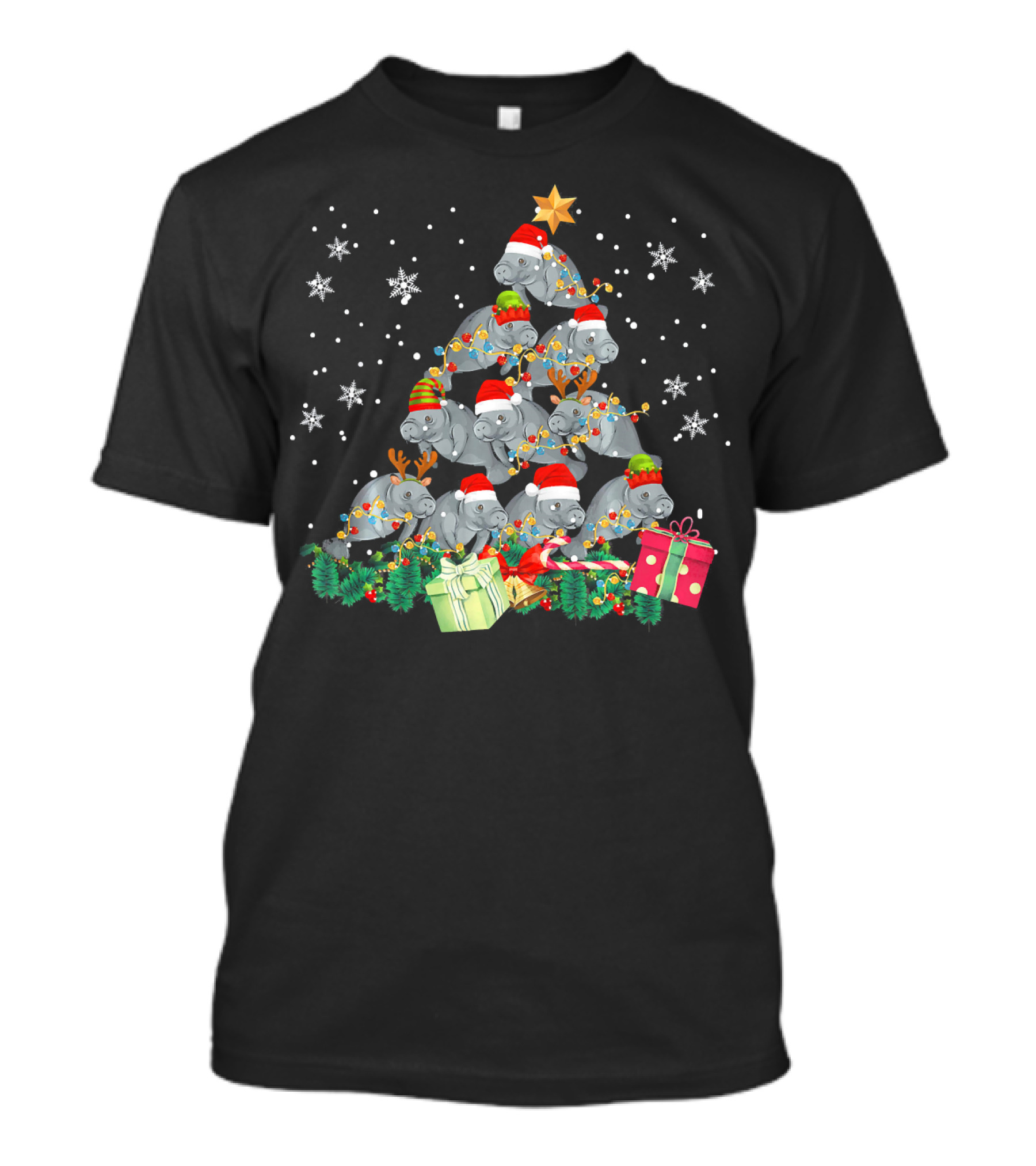 Manatee Christmas Tree Santa Hat Lights Snowflakes Gifts Star T-Shirt