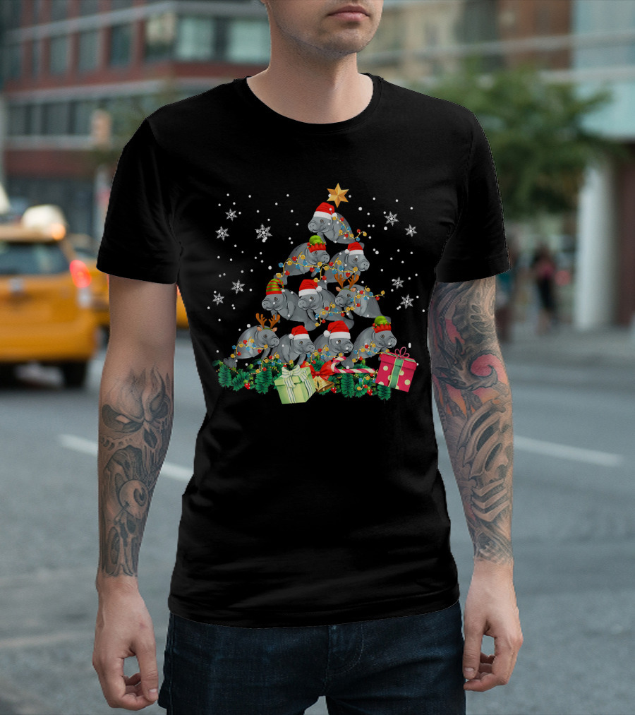 Manatee Christmas Tree Santa Hat Lights Snowflakes Gifts Star T-Shirt
