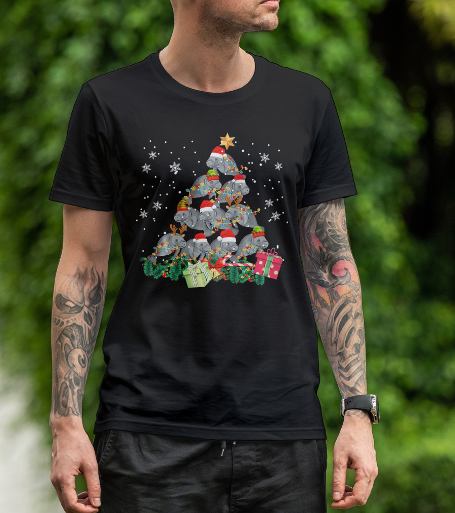 Manatee Christmas Tree Santa Hat Lights Snowflakes Gifts Star T-Shirt