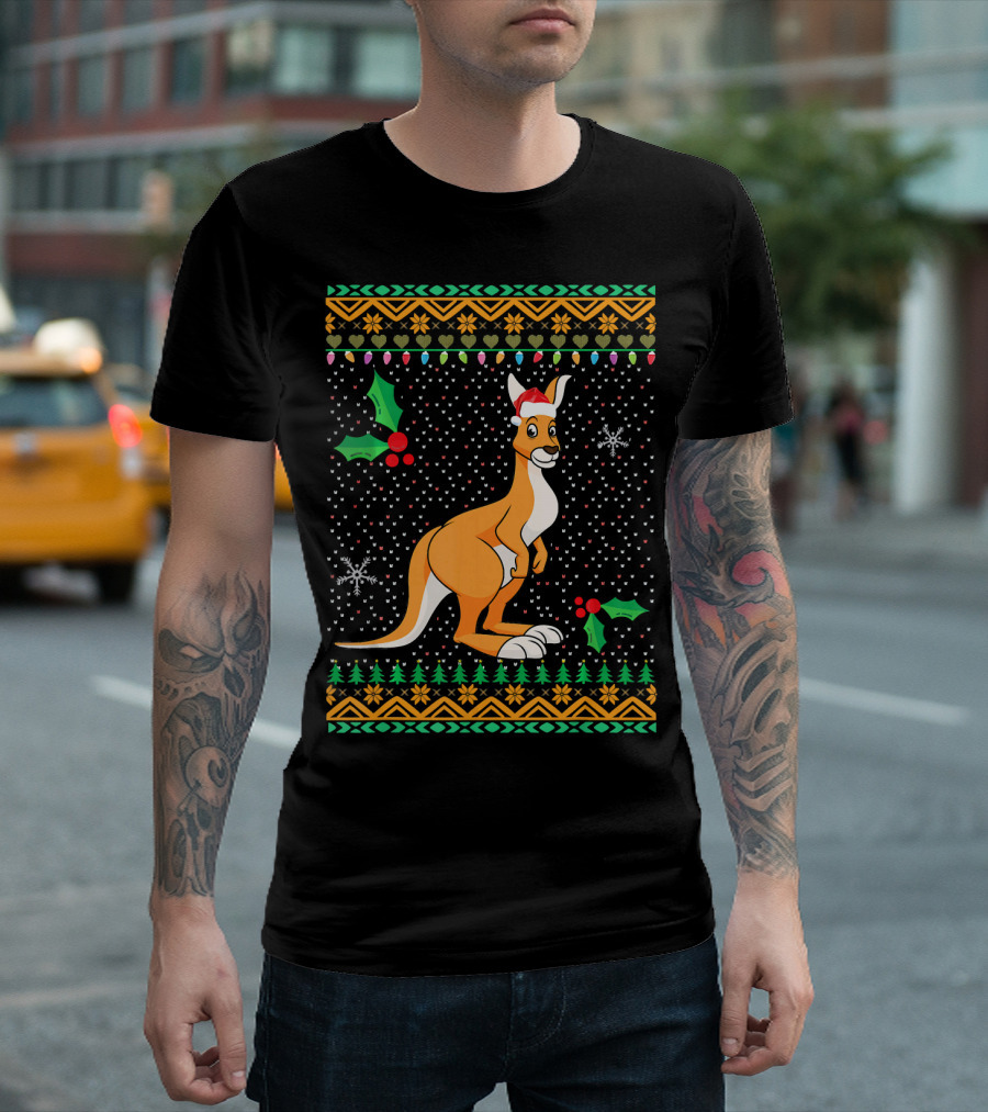 Kangaroo Christmas Santa Hat with Holiday Floral Lights and Snowflakes T-Shirt