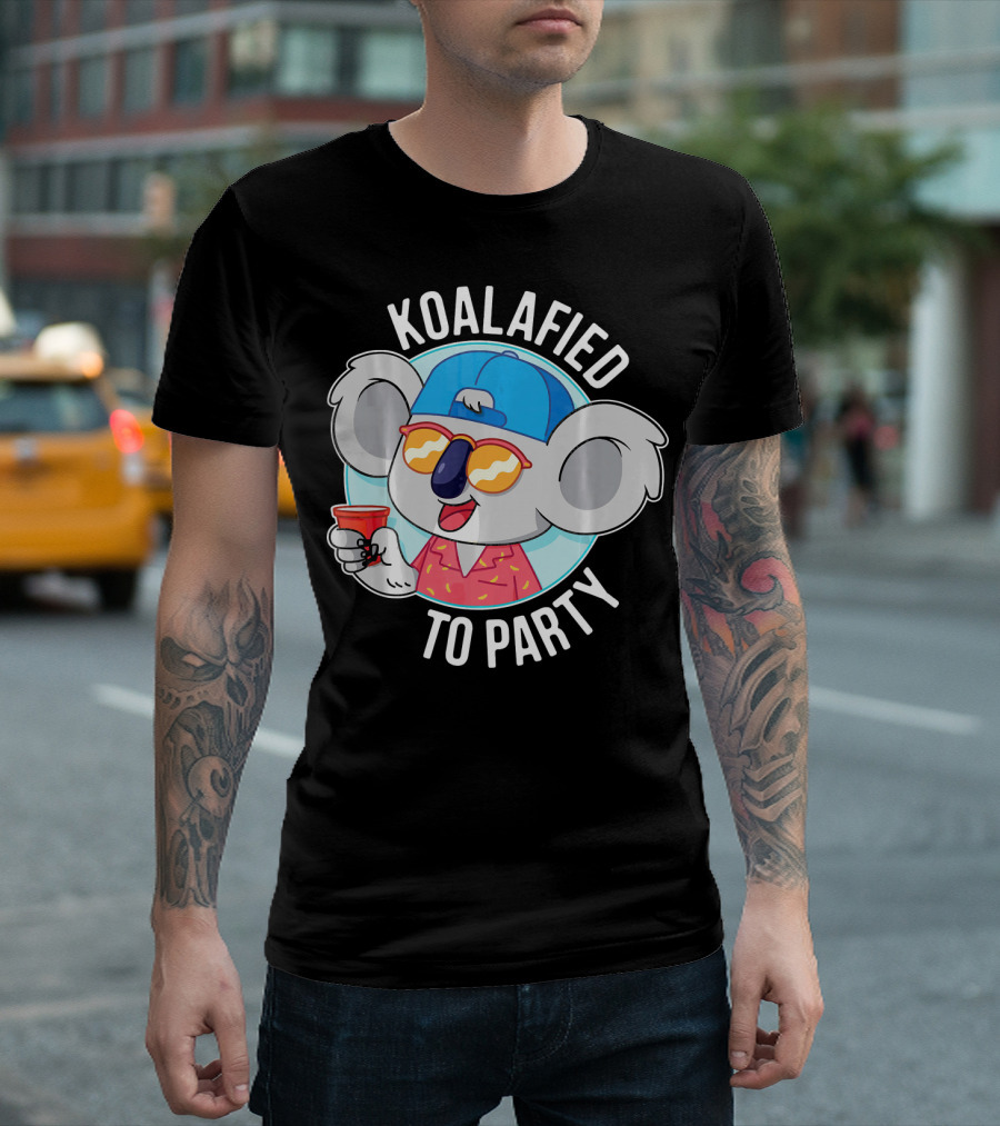 Koalafied To Party Funny Koala Drinking In Sunglasses And Hat T-Shirt