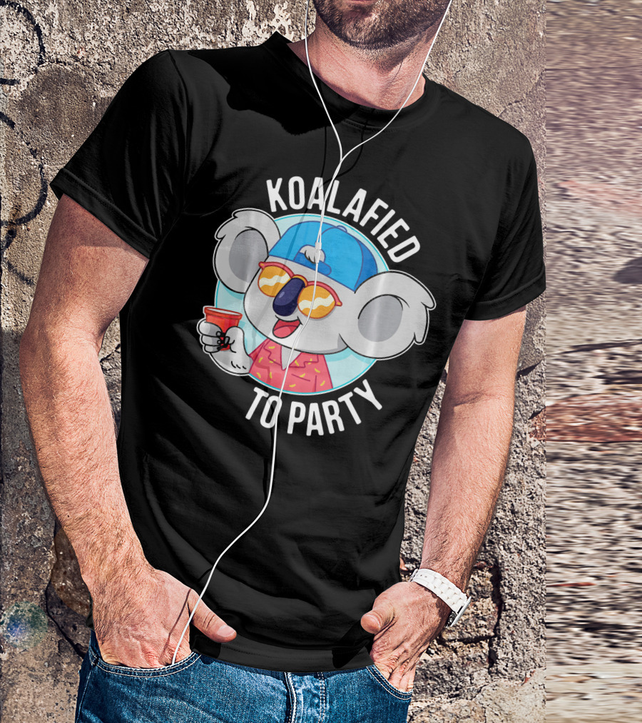 Koalafied To Party Funny Koala Drinking In Sunglasses And Hat T-Shirt