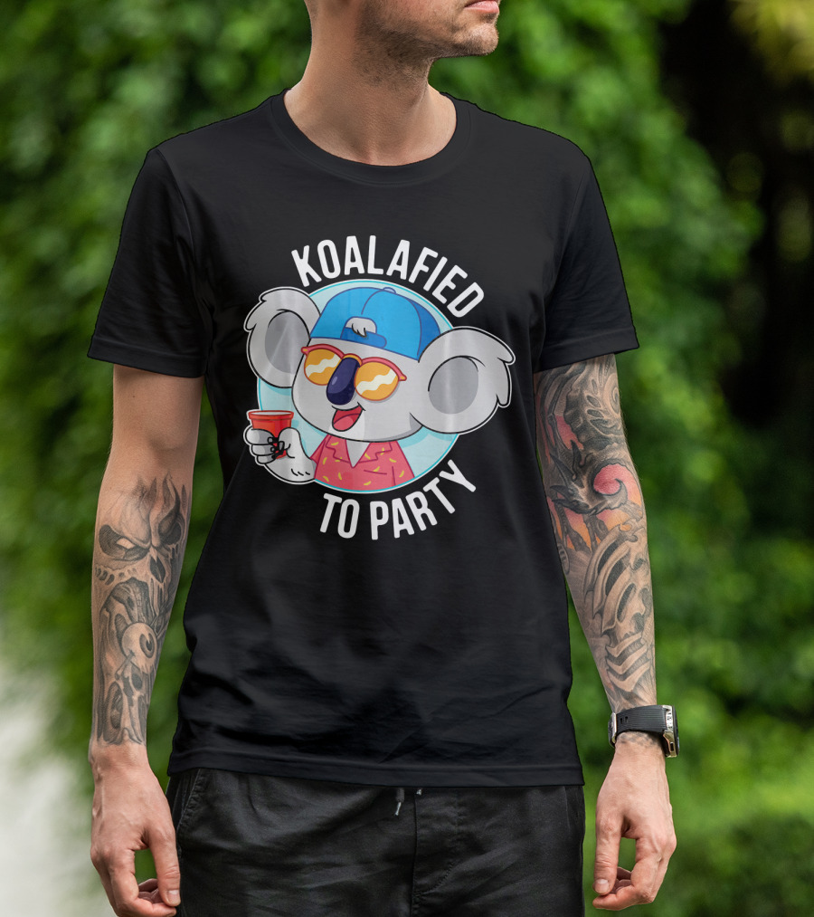 Koalafied To Party Funny Koala Drinking In Sunglasses And Hat T-Shirt