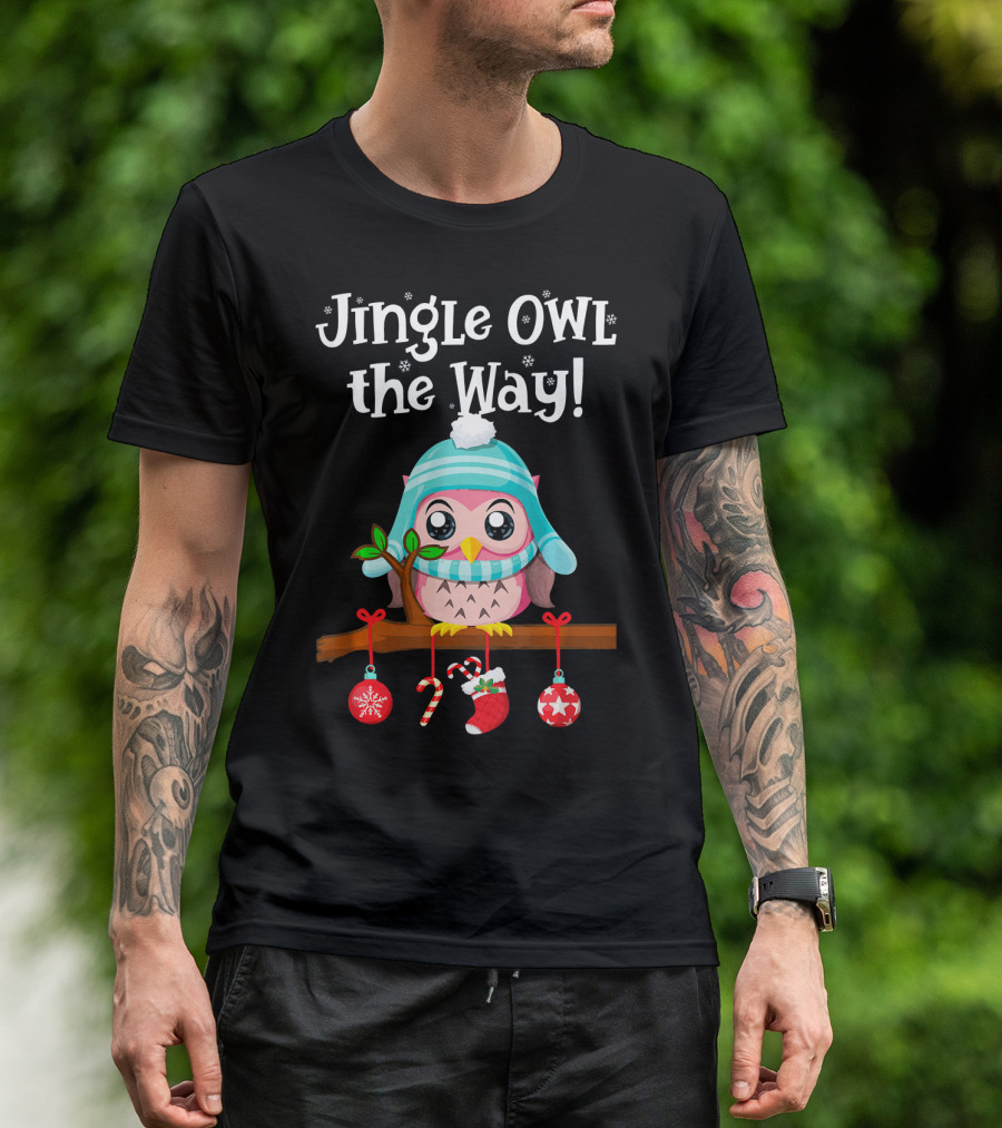 Jingle Owl The Way Cute Winter Owl With Christmas Decorations T-Shirt