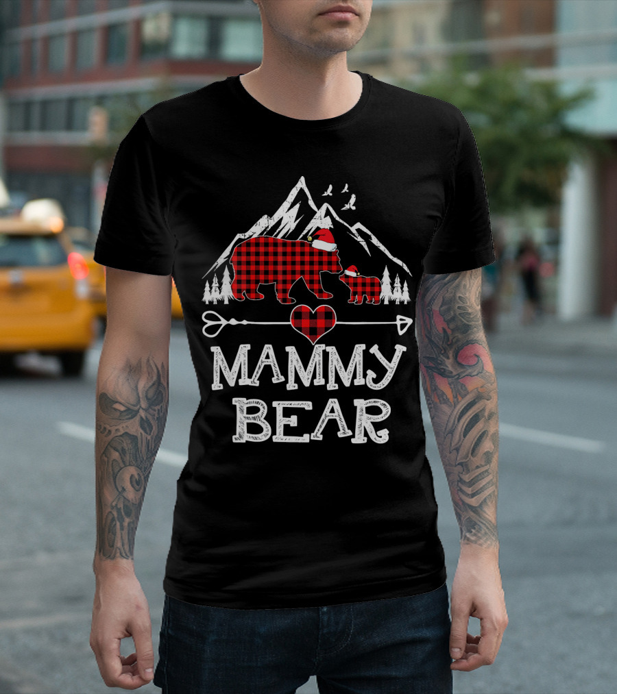 Mammy Bear Christmas Red Plaid Mountain Santa Hat Heart Arrow T-Shirt
