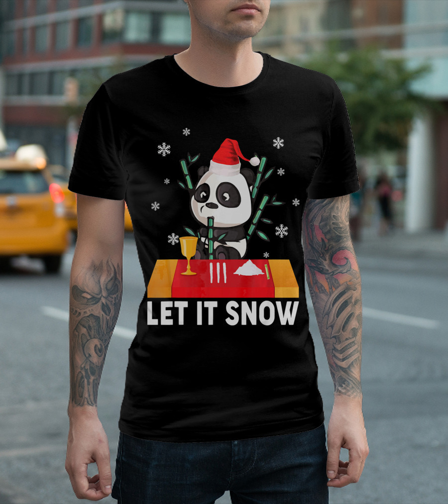 Let It Snow Panda with Santa Hat Bamboo and Snowflakes T-Shirt