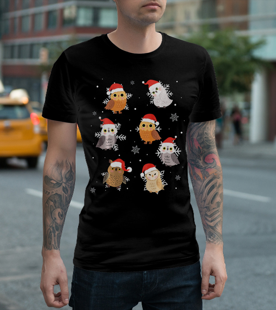 Kids Christmas Snowflakes Owls with Santa Hats T-Shirt