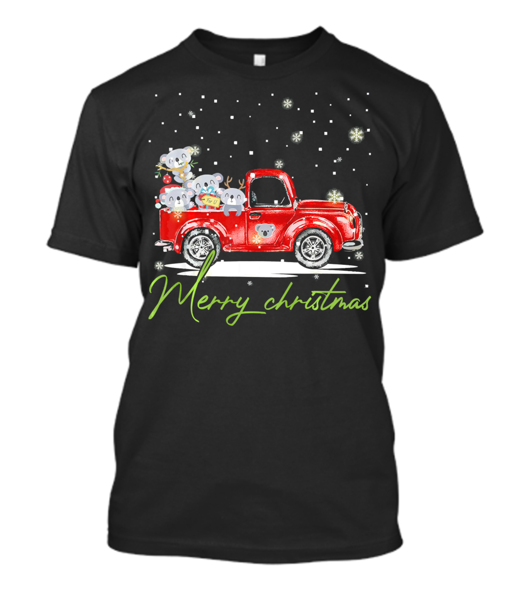Merry Christmas Koala Bears In Red Pickup Truck With Snowflakes T-Shirt