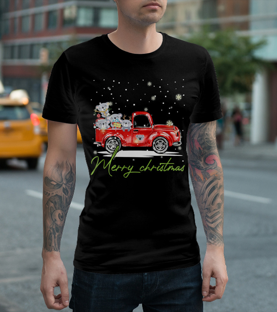 Merry Christmas Koala Bears In Red Pickup Truck With Snowflakes T-Shirt