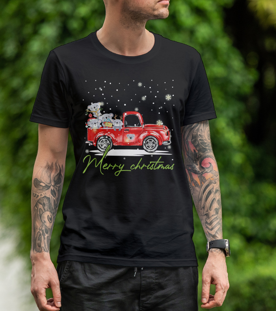 Merry Christmas Koala Bears In Red Pickup Truck With Snowflakes T-Shirt