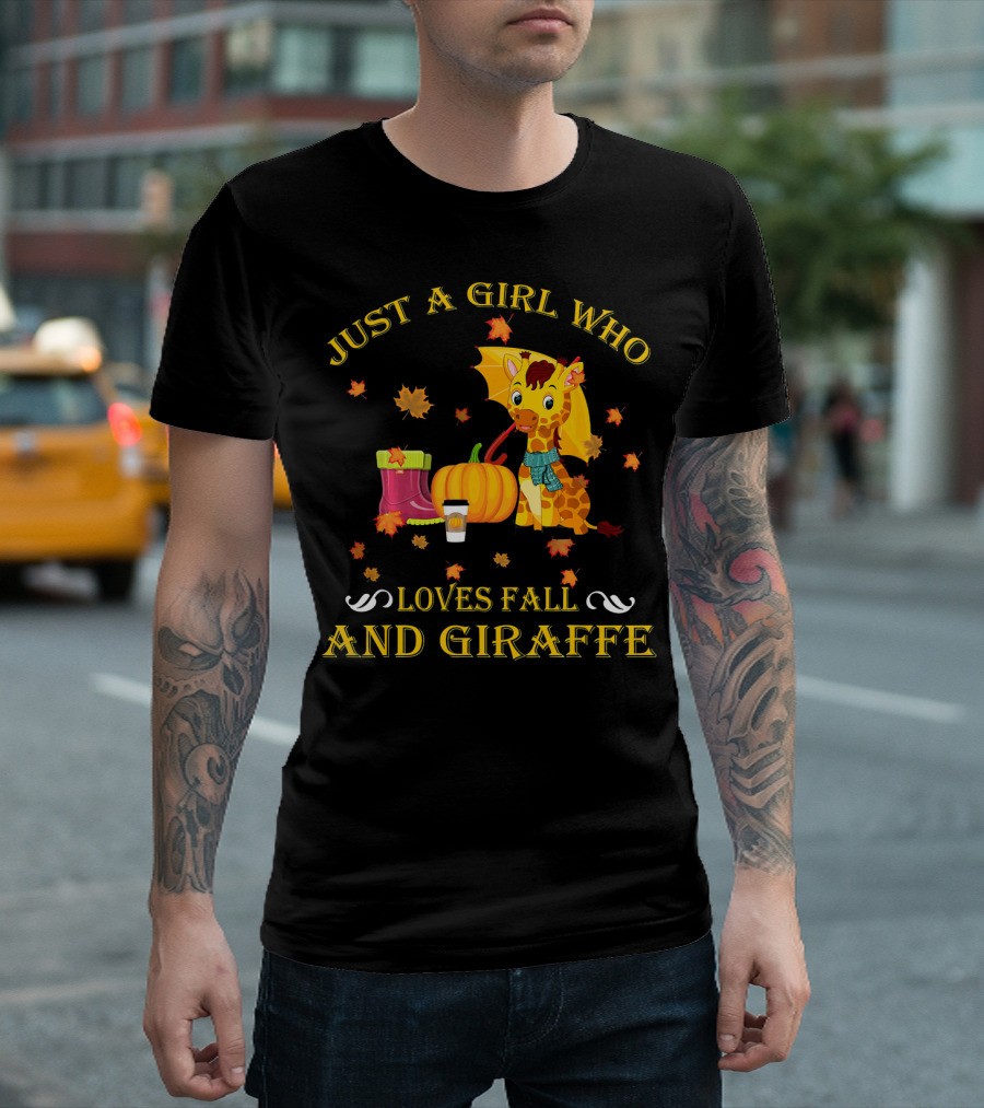 Just A Girl Who Loves Fall And Giraffe With Autumn Leaves Pumpkin And Boots Fun T-Shirt
