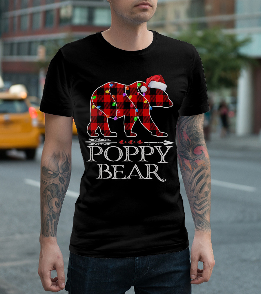 Poppy Bear Christmas Red Plaid Bear with Santa Hat and Lights T-Shirt