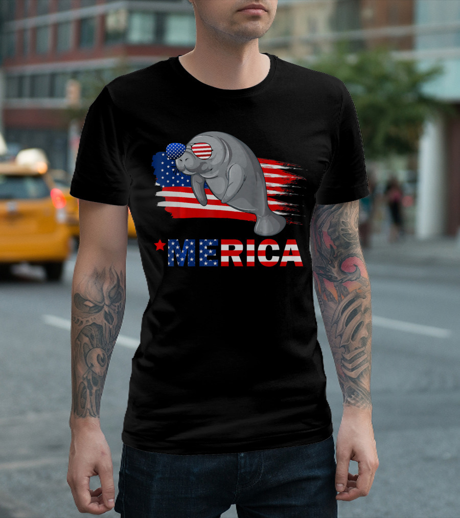 Manatee Merica American Flag Sunglasses T-Shirt