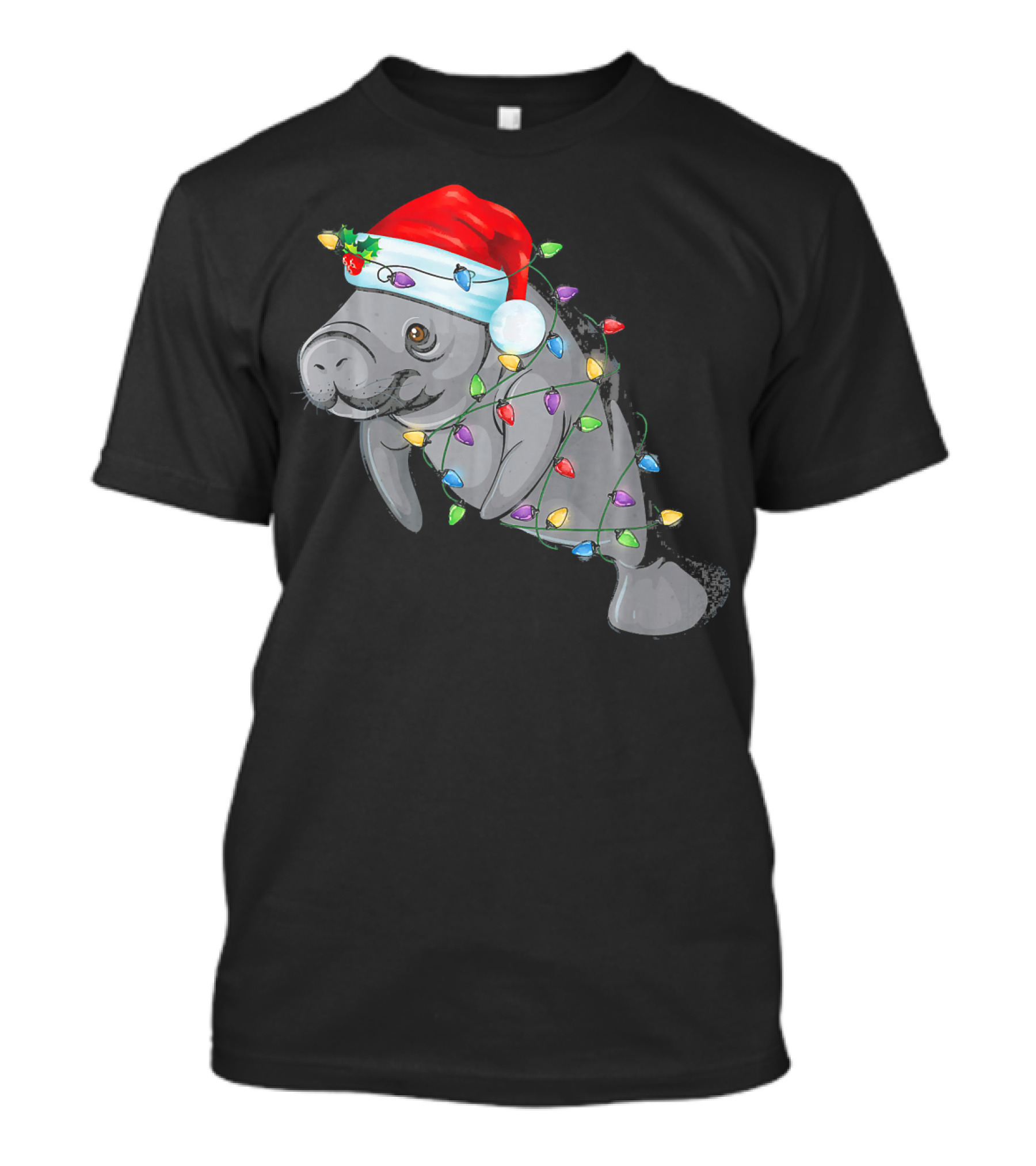 Manatee Wrapped In Christmas Lights Wearing A Santa Hat T-Shirt