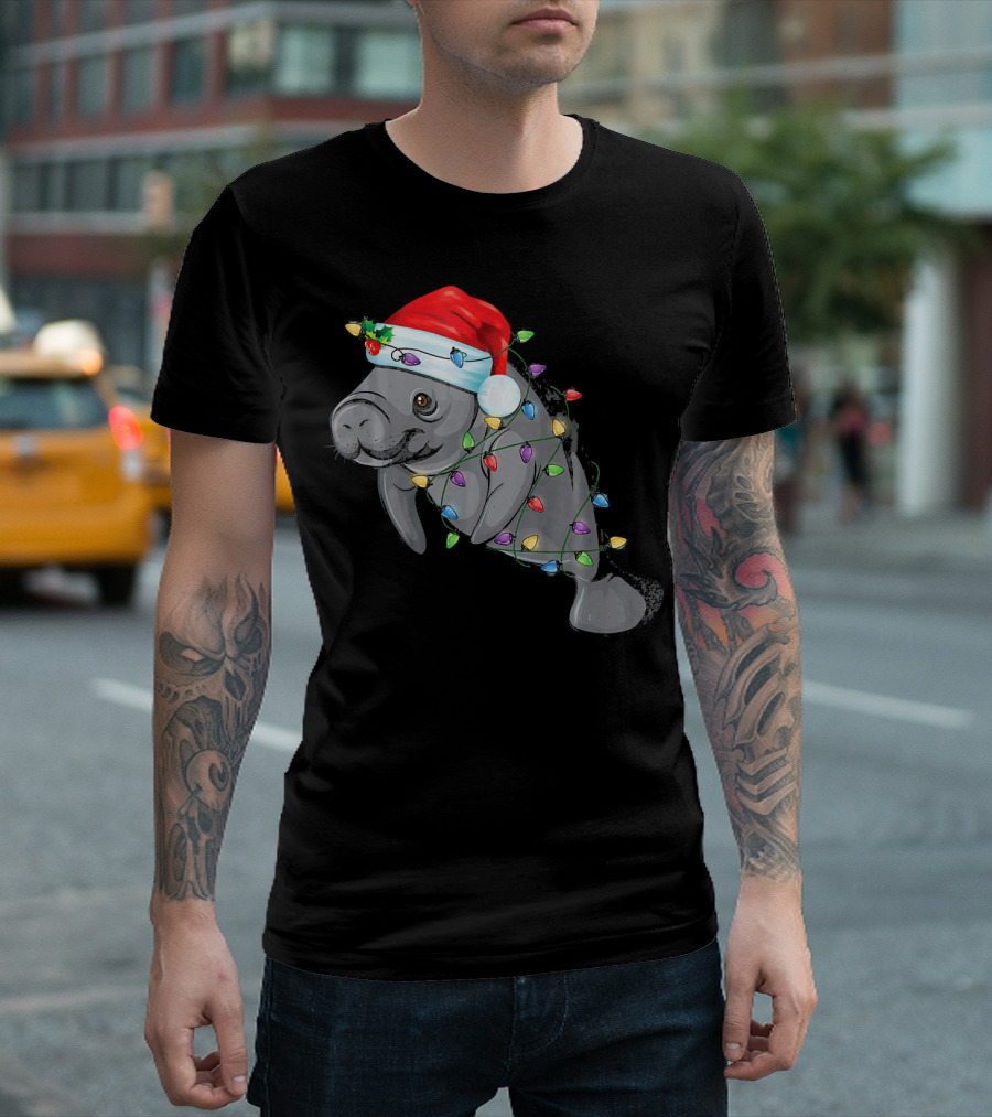 Manatee Wrapped In Christmas Lights Wearing A Santa Hat T-Shirt