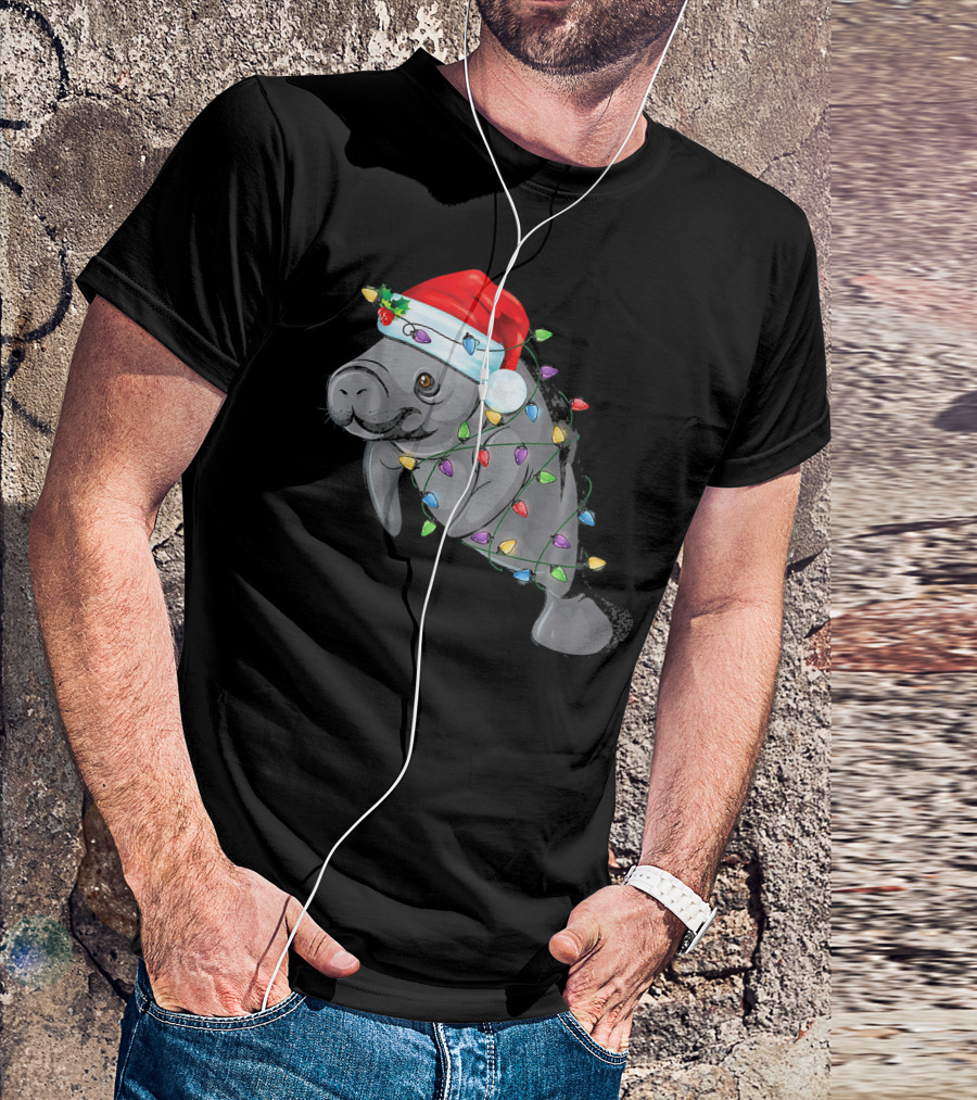 Manatee Wrapped In Christmas Lights Wearing A Santa Hat T-Shirt
