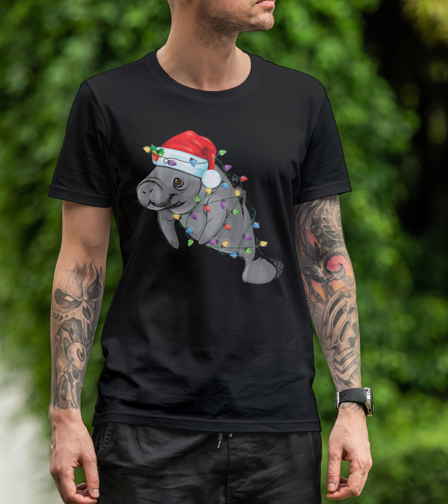 Manatee Wrapped In Christmas Lights Wearing A Santa Hat T-Shirt