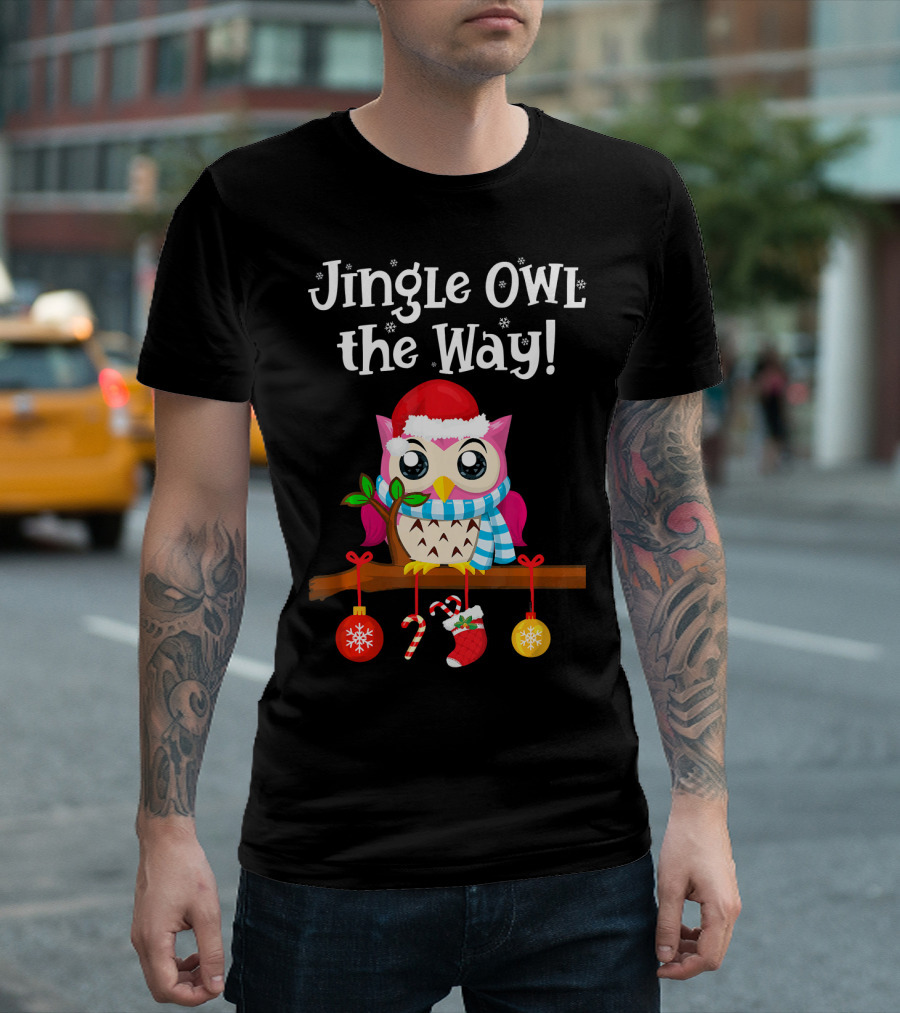 Jingle Owl the Way Funny Santa Claus Owl with Candy Canes and Ornaments T-Shirt