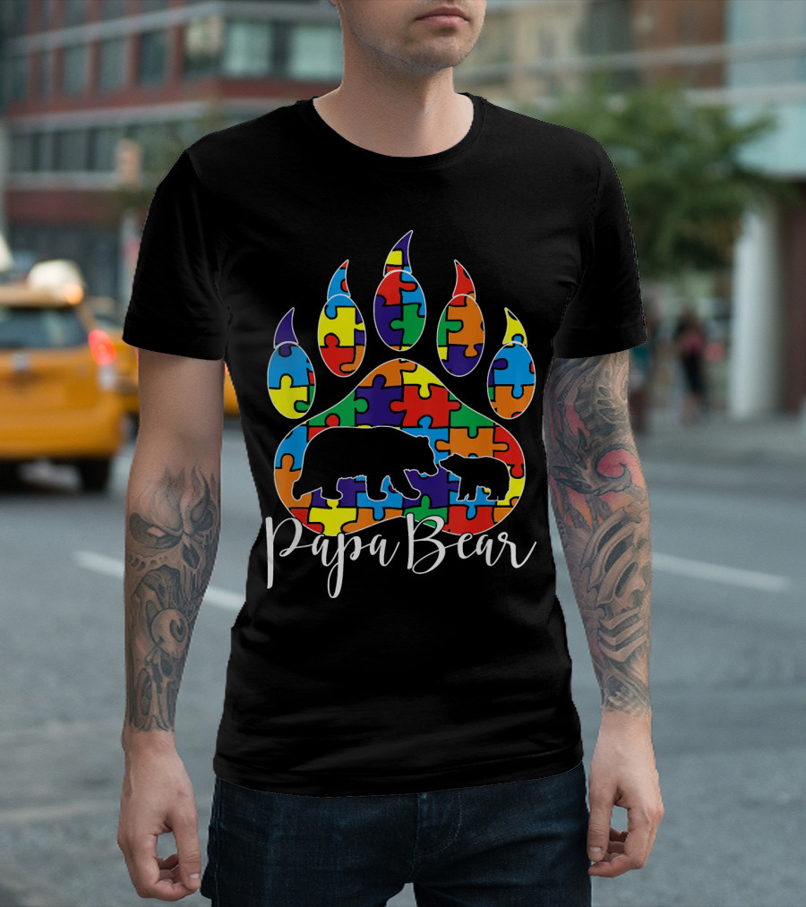 Papa Bear Autism Awareness Dad Puzzle Bear Paw T-Shirt