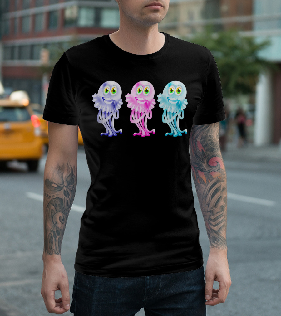 Jellyfish Trio Bright Colors Super Cute Cartoony Smiling Tentacles T-Shirt