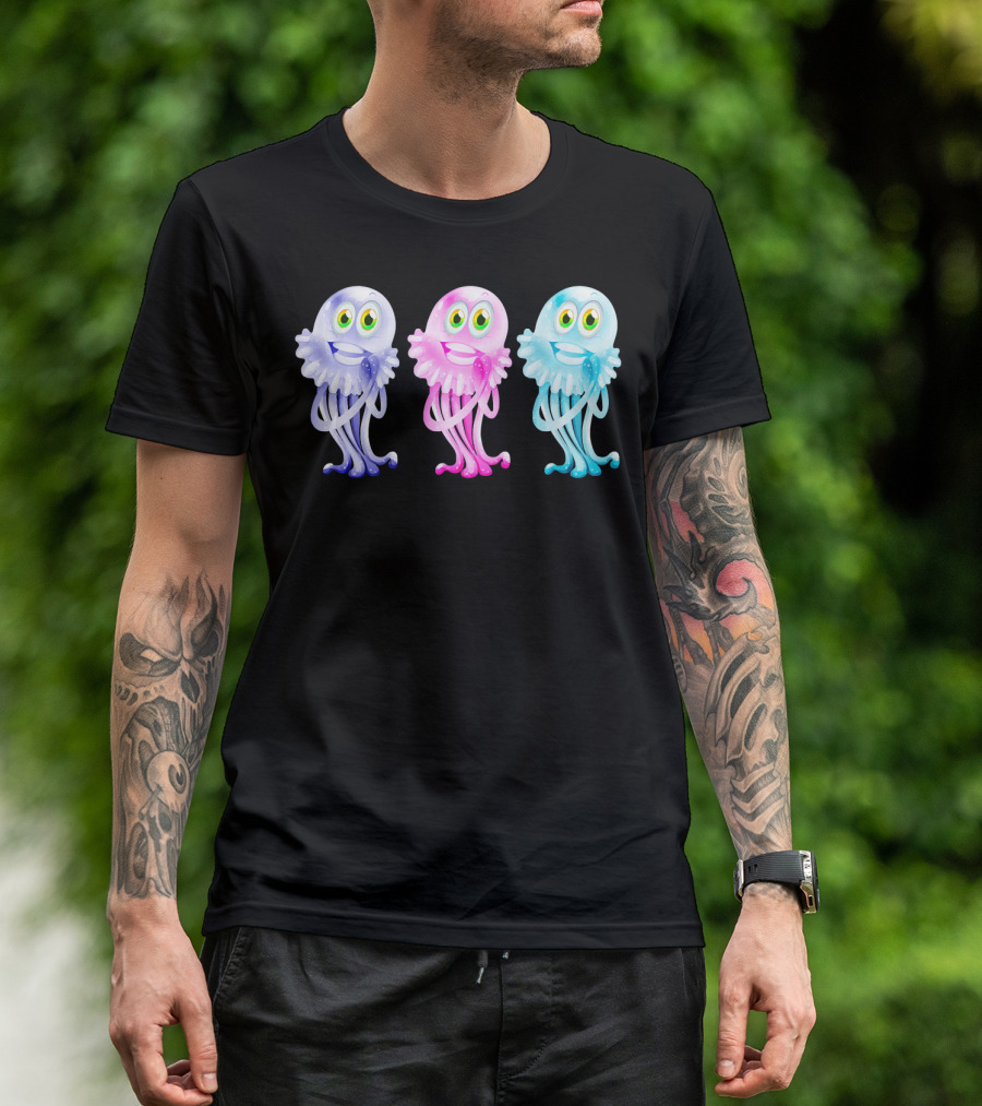 Jellyfish Trio Bright Colors Super Cute Cartoony Smiling Tentacles T-Shirt