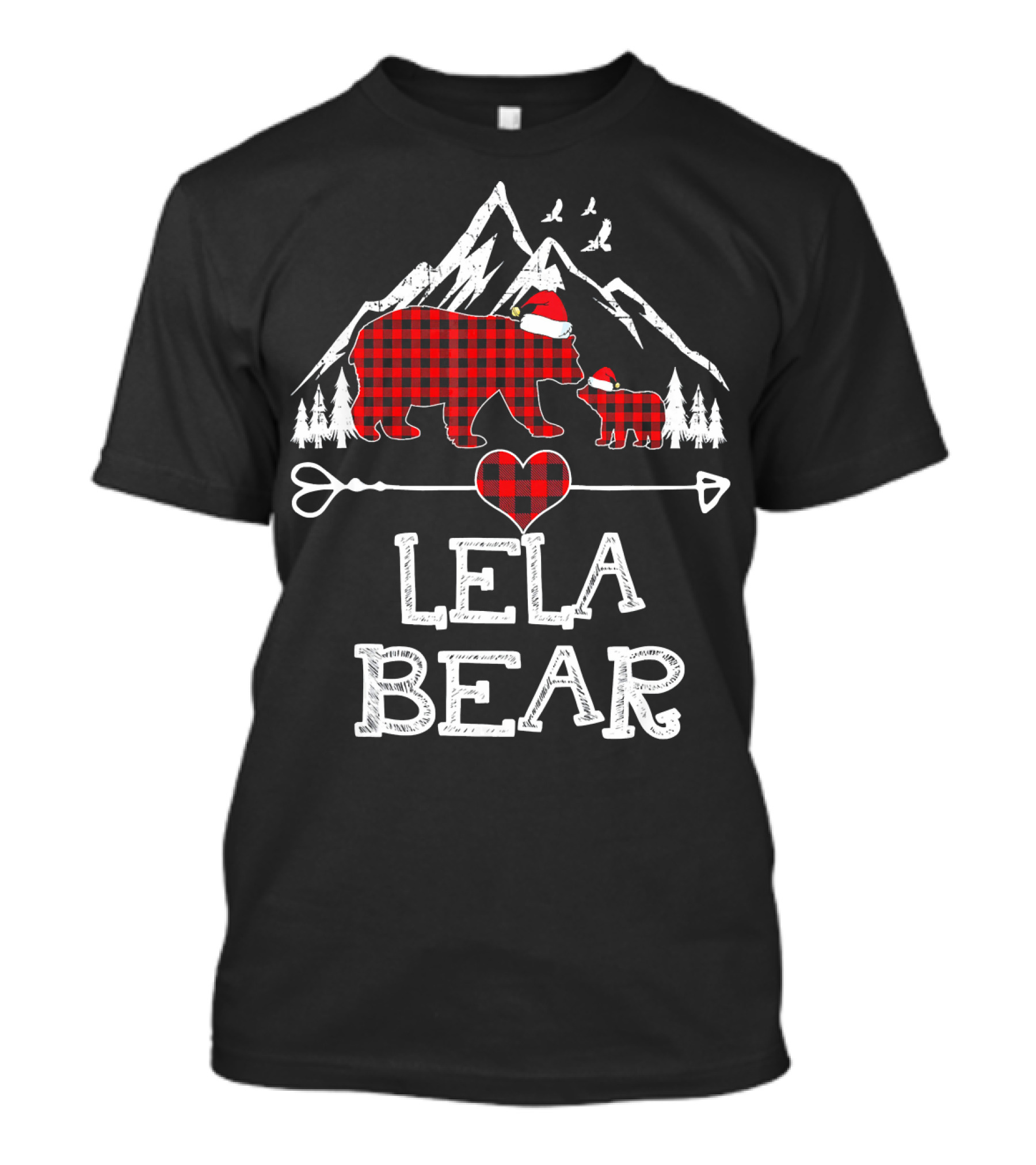 Lela Bear Christmas Red Plaid Buffalo Check Mountain Scene T-Shirt