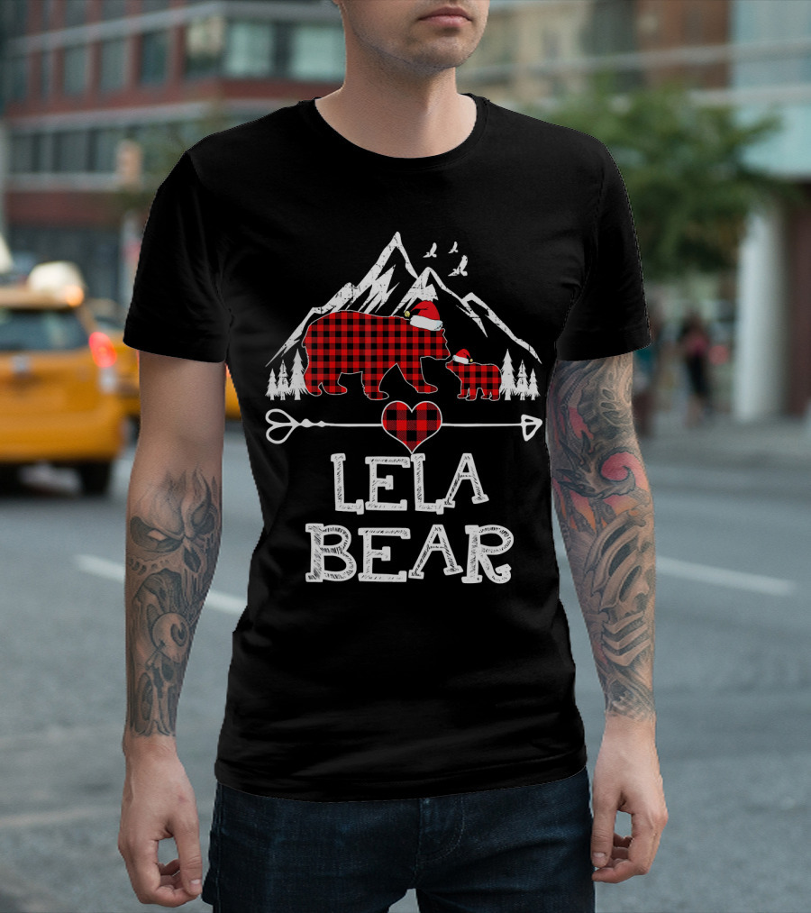 Lela Bear Christmas Red Plaid Buffalo Check Mountain Scene T-Shirt