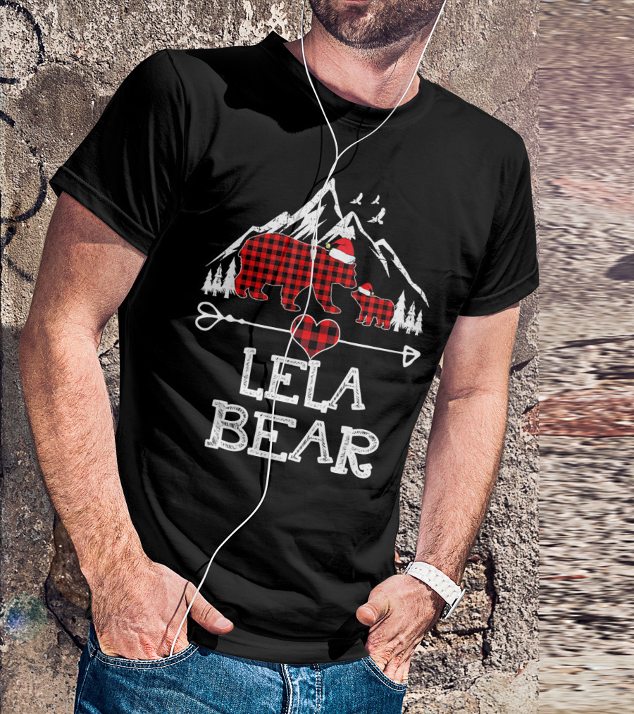 Lela Bear Christmas Red Plaid Buffalo Check Mountain Scene T-Shirt
