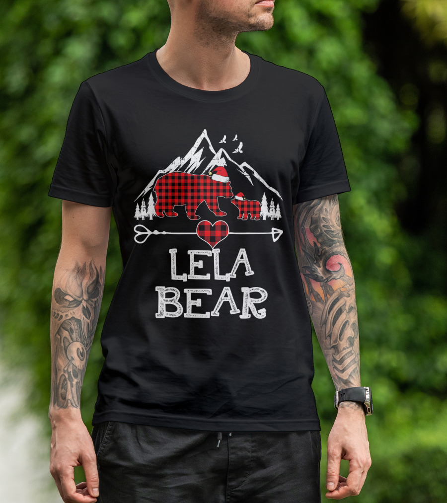 Lela Bear Christmas Red Plaid Buffalo Check Mountain Scene T-Shirt