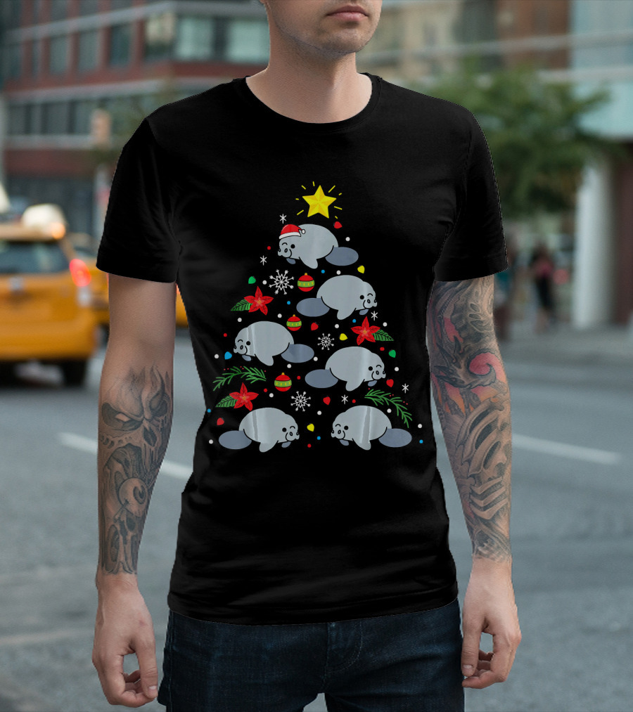 Manatee Christmas Tree with Ornaments and Stars T-Shirt