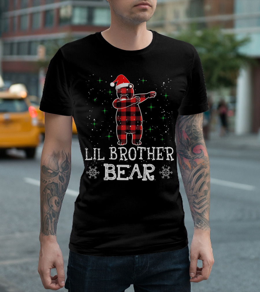 Lil Brother Bear Dab Santa Hat Red Plaid Christmas Snowflakes T-Shirt