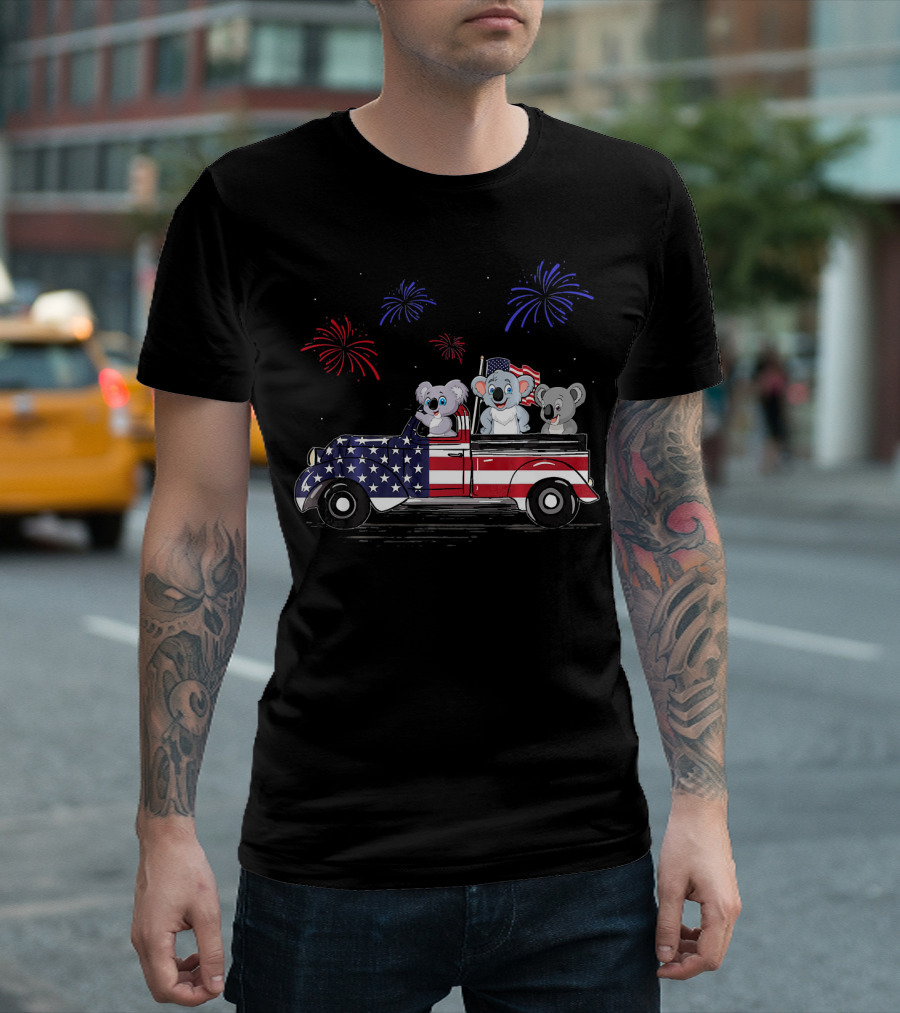 Koala Riding American Flag Truck with Fireworks T-Shirt