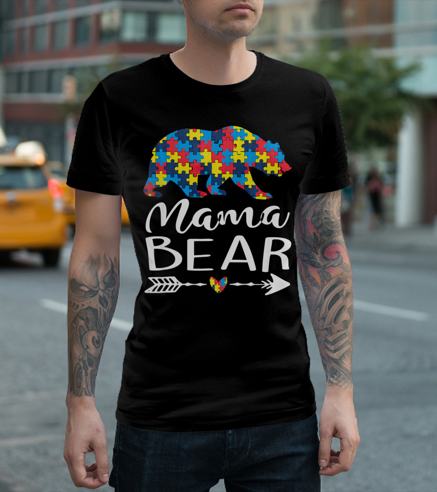 Mama Bear Autism Puzzle Heart Arrow T-Shirt