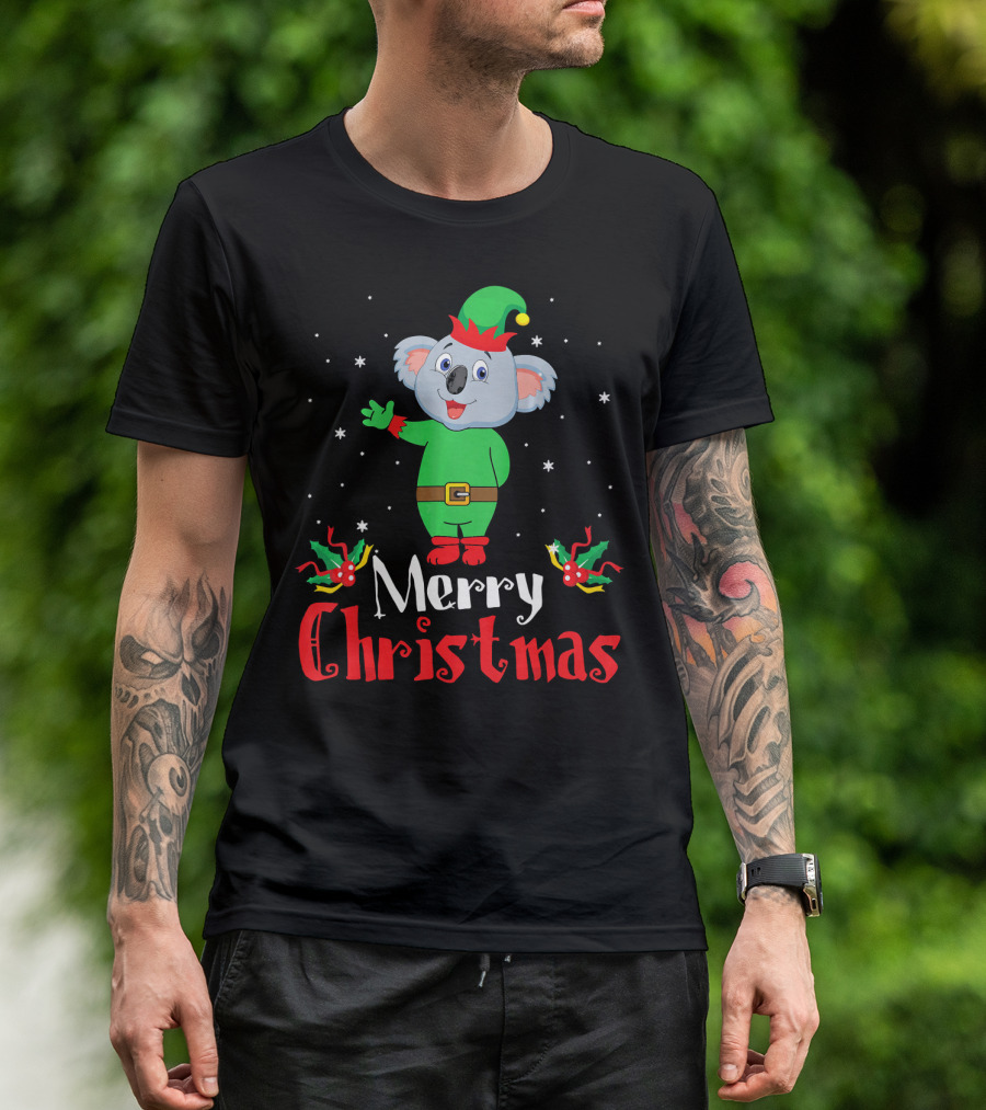 Merry Christmas Koala In Elf Costume With Festive Holly T-Shirt