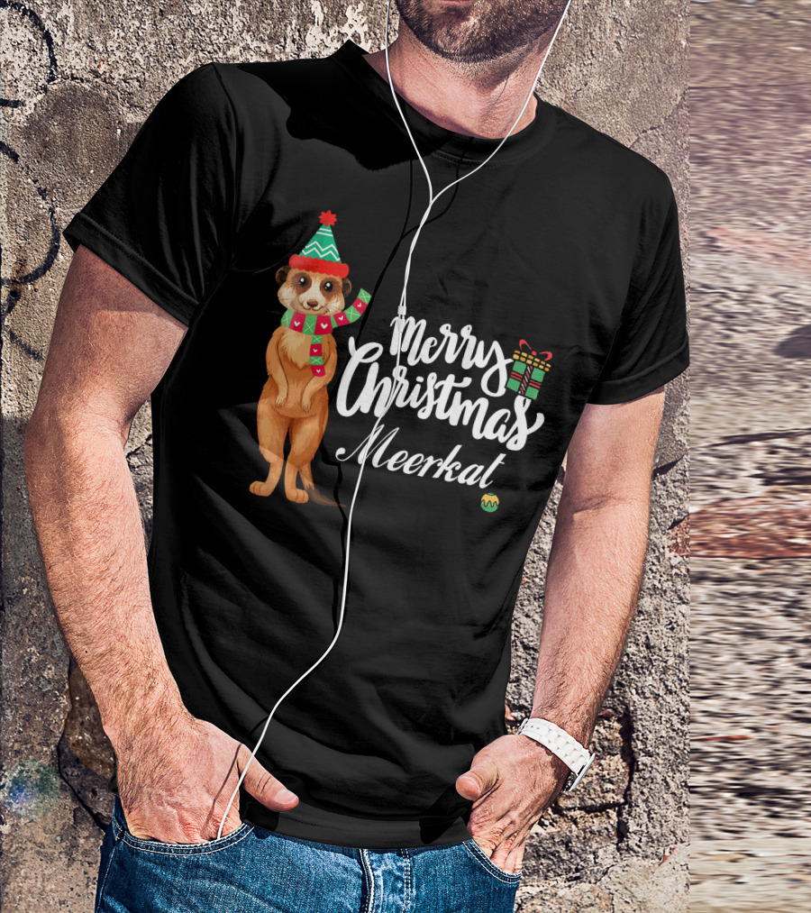 Merry Christmas Meerkat With Festive Hat And Scarf T-Shirt