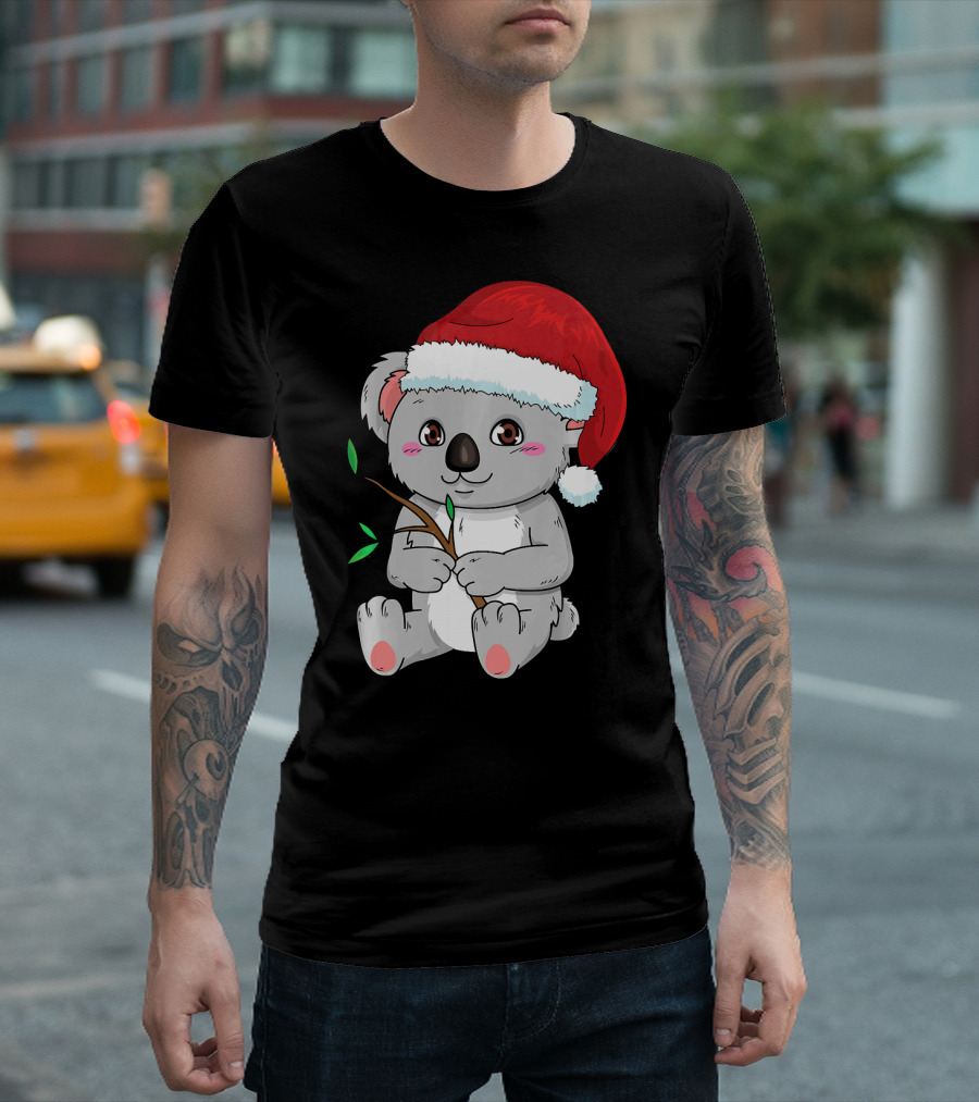 Cute Koala Bear With Christmas Hat And Branch T-Shirt