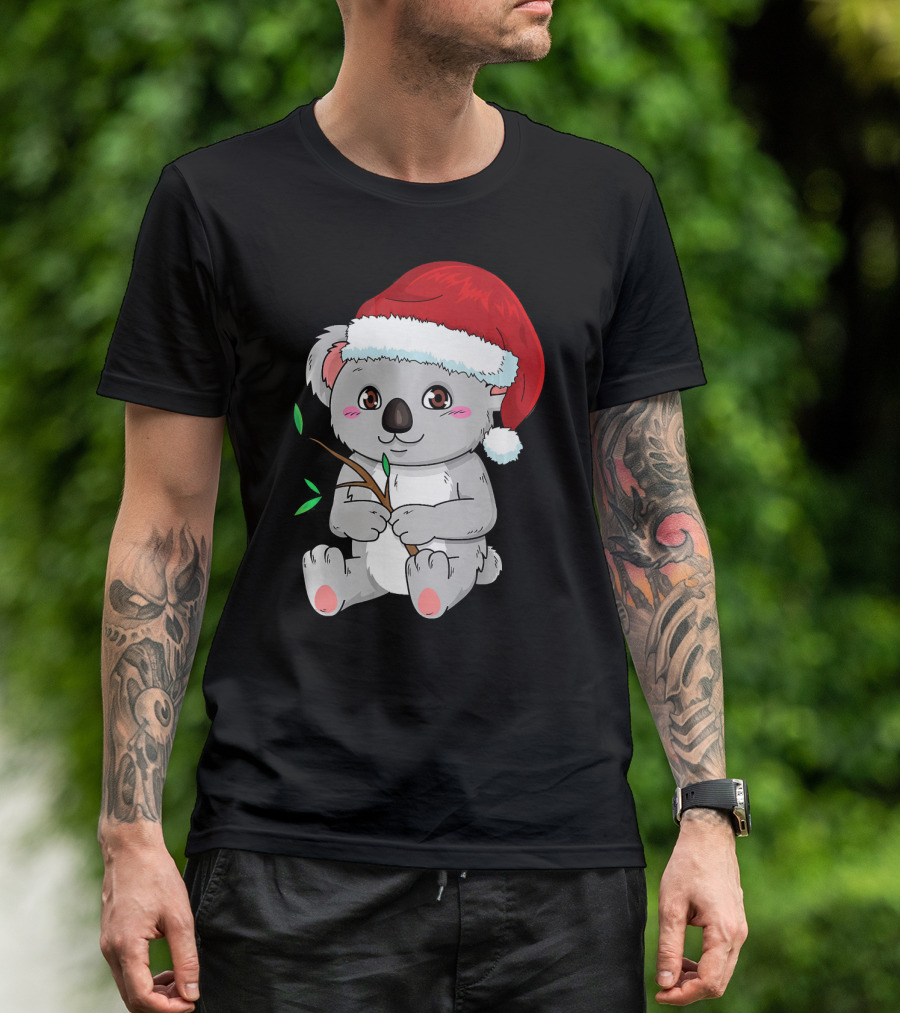 Cute Koala Bear With Christmas Hat And Branch T-Shirt