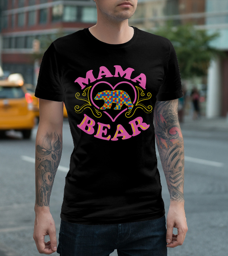Mama Bear Autism Awareness Puzzle Heart Bear T-Shirt
