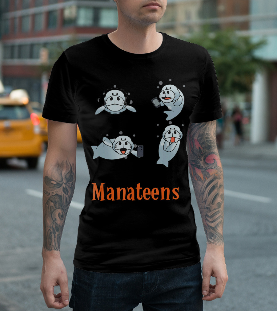 Manatee Manateens Cartoon Characters with Phones T-Shirt
