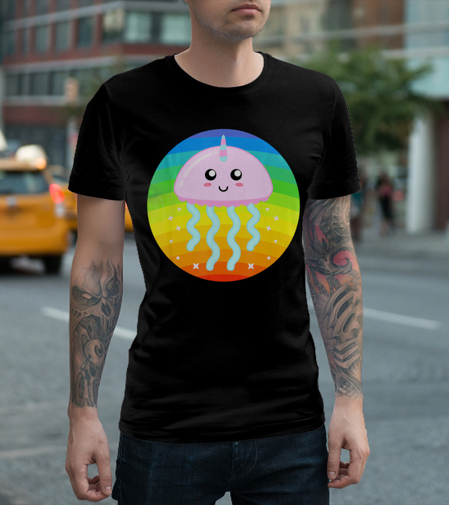 Jellyfish Unicorn Rainbow Circle with Smiling Face and Stars T-Shirt
