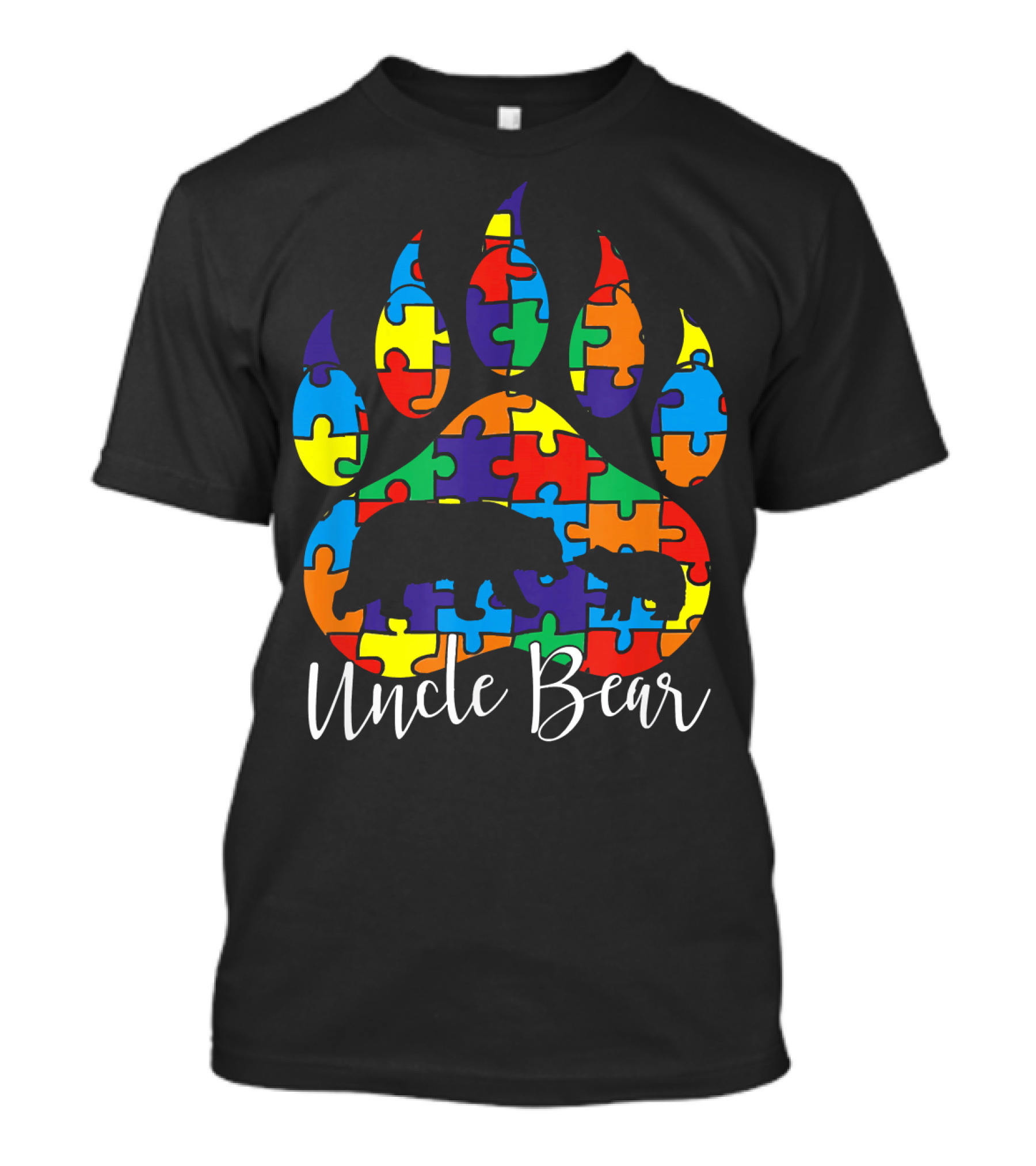 Uncle Bear Autism Awareness Colorful Puzzle Paw Prints T-Shirt