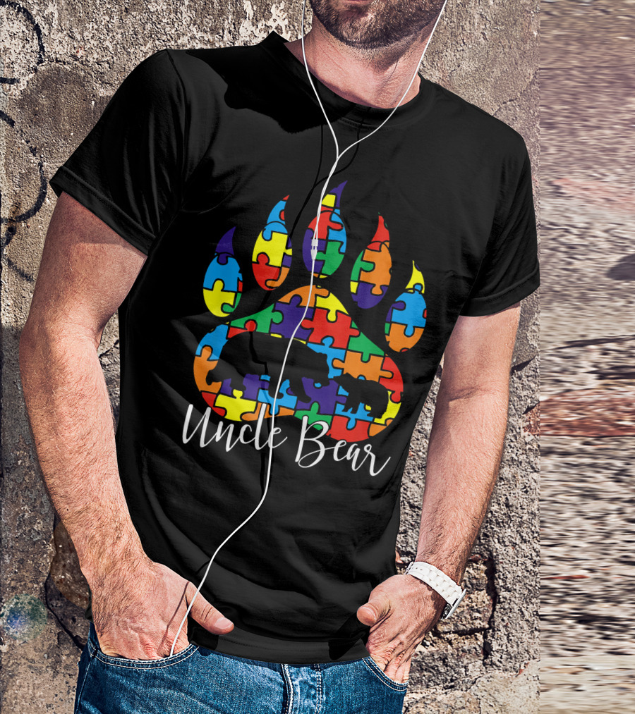 Uncle Bear Autism Awareness Colorful Puzzle Paw Prints T-Shirt