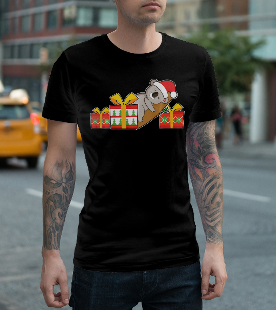 Koala with Santa Hat Sleeping on Log with Christmas Presents Cute Christmas Ko T-Shirt