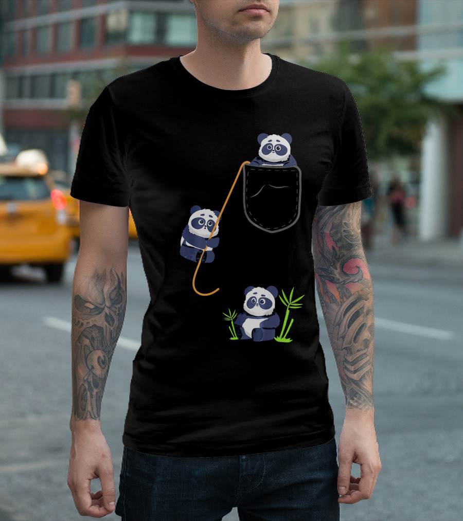 Kids Panda Bear Pocket Bamboo Playful Animals T-Shirt